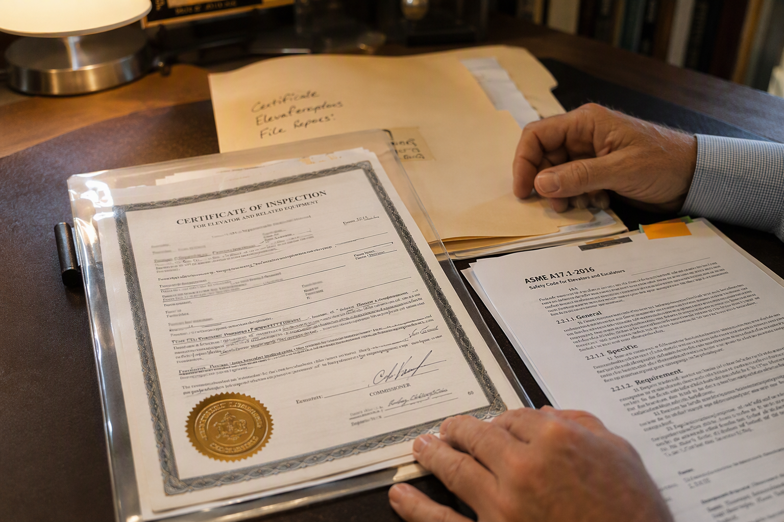 Homeowner reviewing a residential elevator inspection certificate and ASME A17.1 compliance paperwork to confirm annual inspection legal requirements are met
