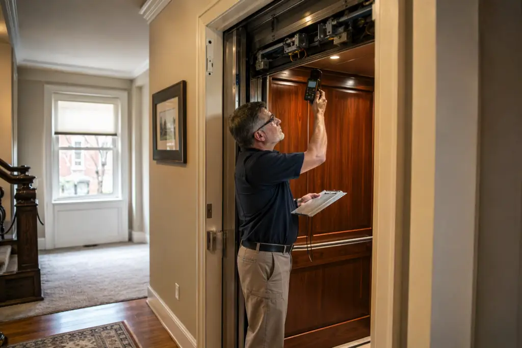 Licensed elevator inspector examining residential elevator cab door operator during an annual inspection in a Washington DC or Baltimore area home, 125 char