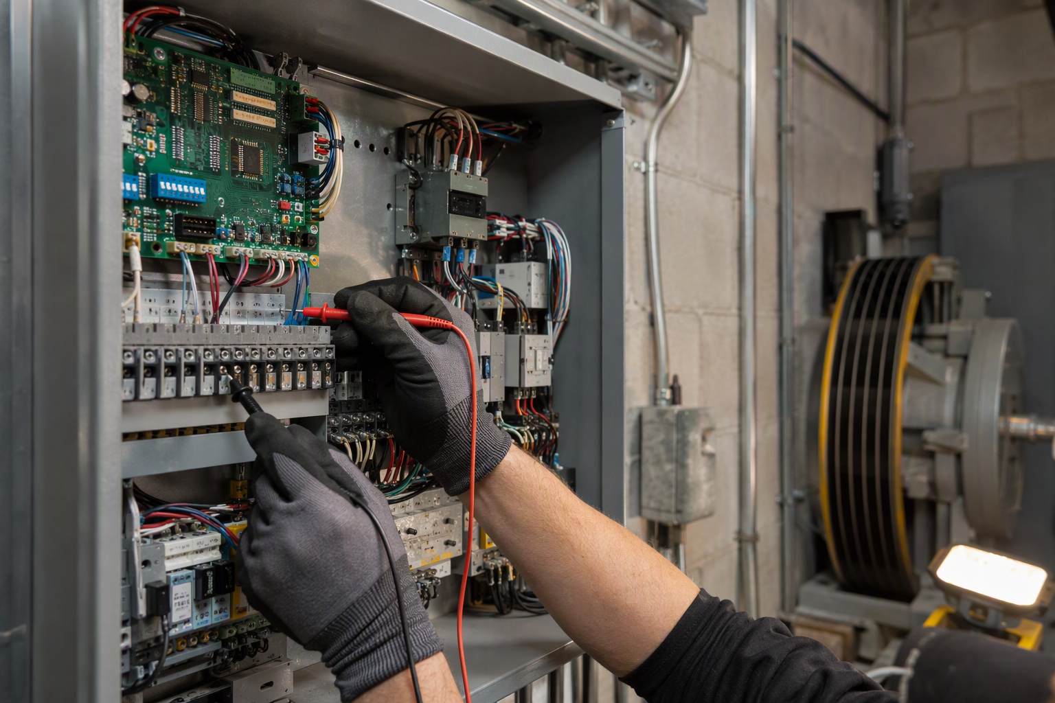 Elevator technician testing residential elevator machine room controller with a multimeter during a Category 1 periodic inspection under ASME A17.1 code standards