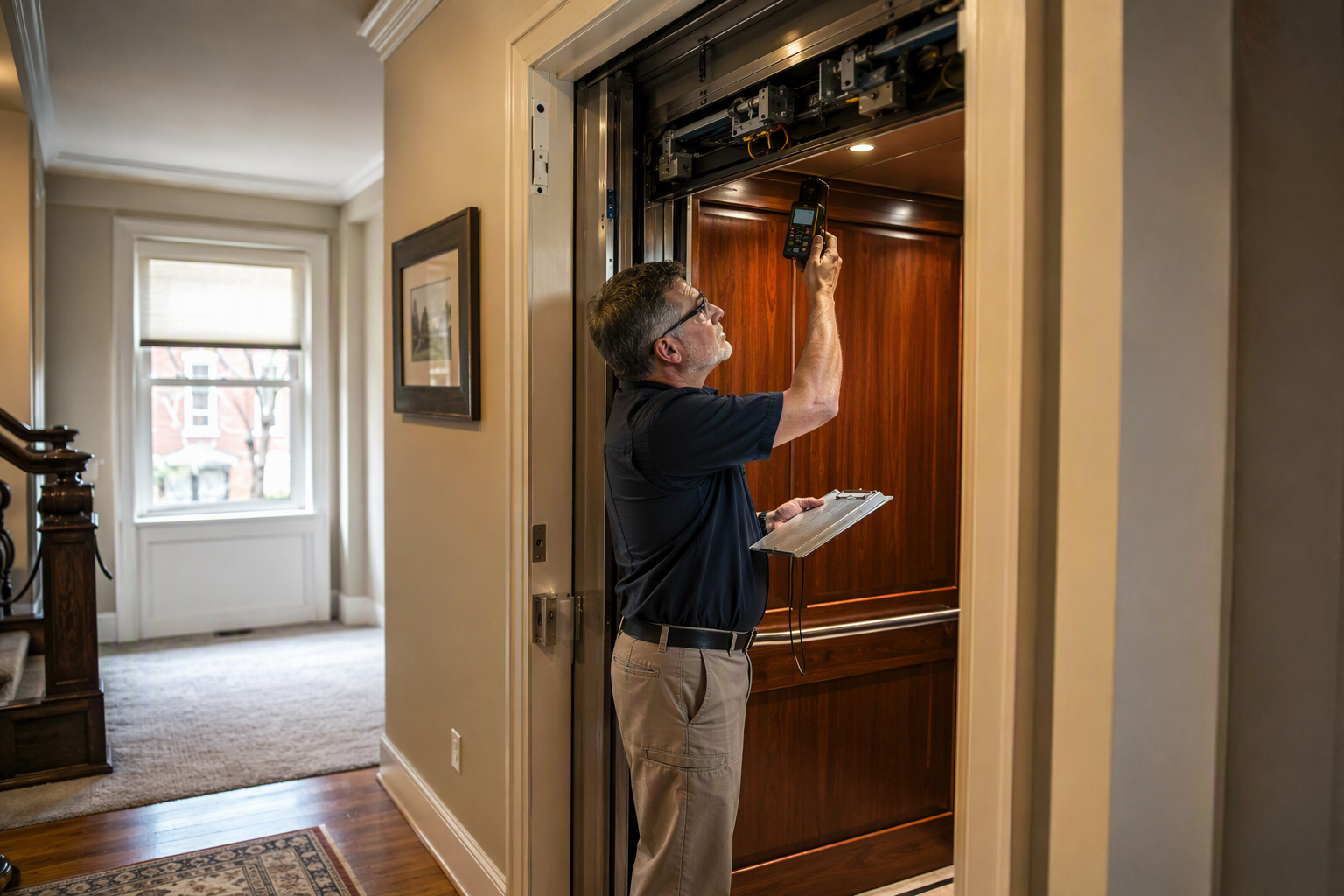 Licensed elevator inspector examining residential elevator cab door operator during an annual inspection in a Washington DC or Baltimore area home, 125 char