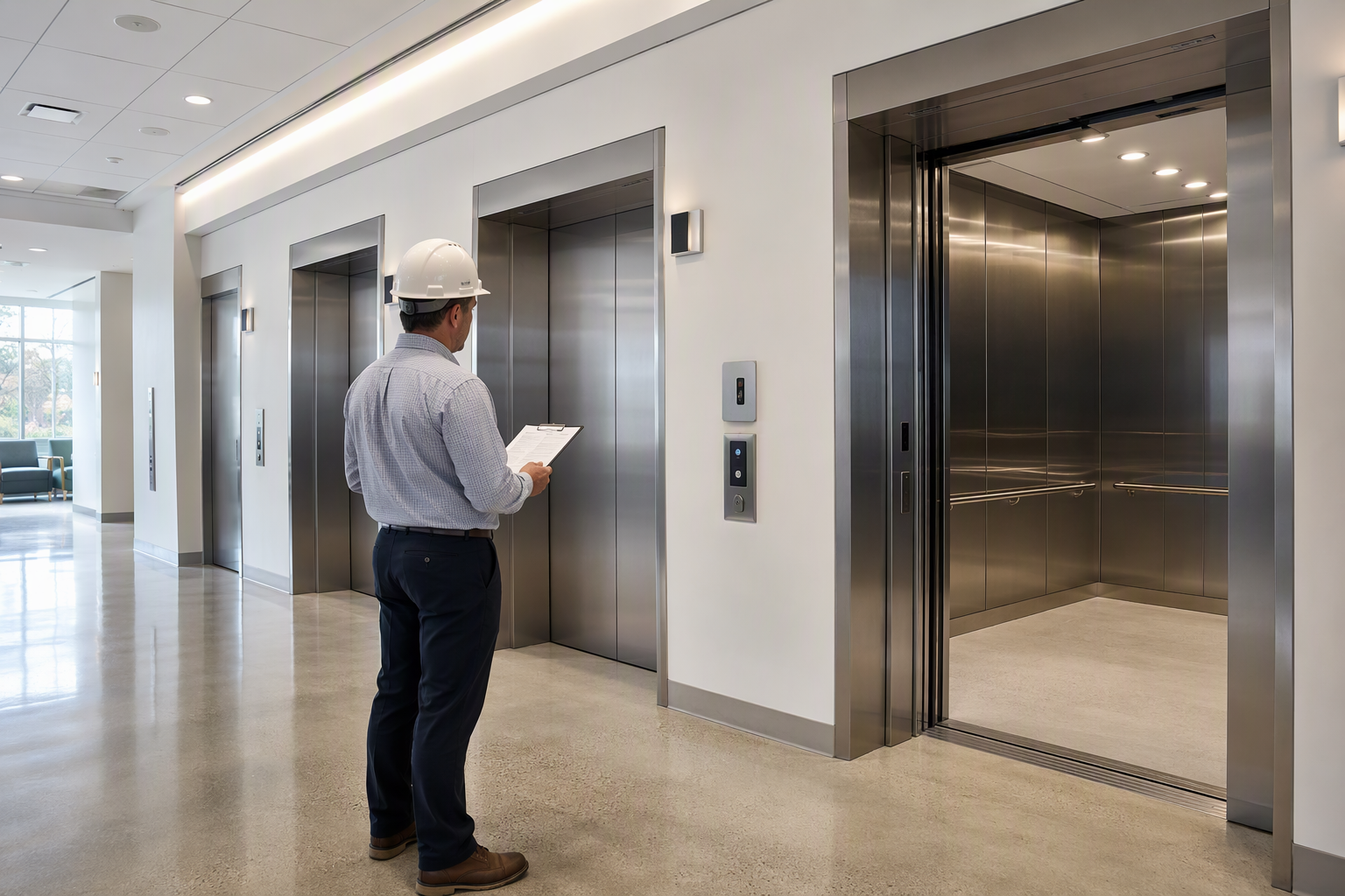 Hospital elevator lobby in a Baltimore or Washington DC medical center showing three modernized elevator bays with stainless-steel doors and a facility manager reviewing a modernization schedule