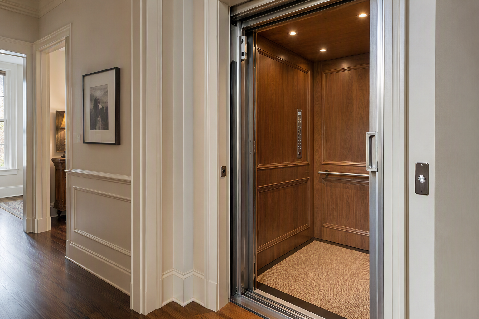 Residential Elevator Cab Interior Private residential elevator cab with wood paneling and brushed-nickel fixtures inside an upscale Baltimore or Washington DC townhouse, showing open doors and hoistway.