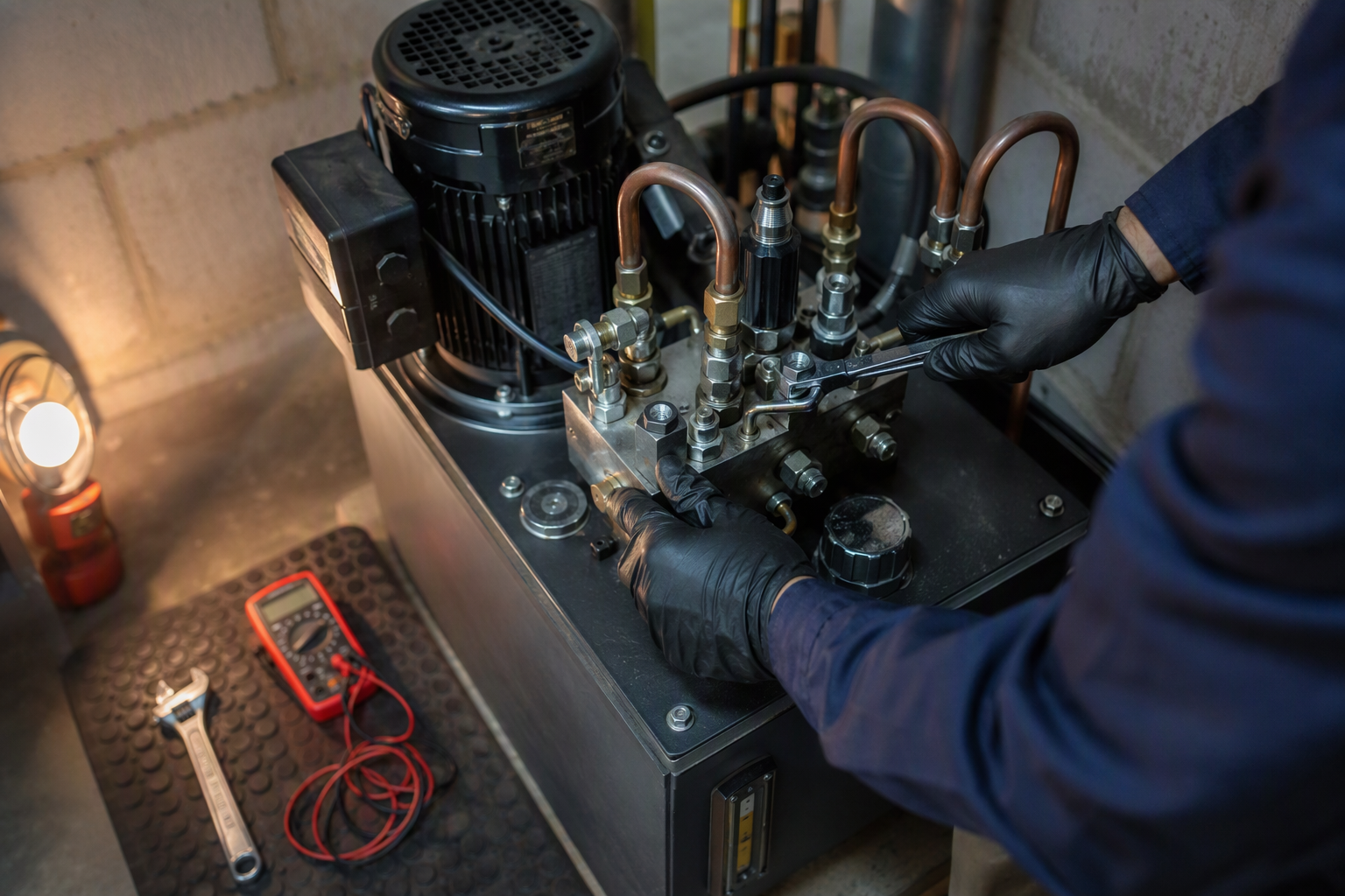 Hydraulic Pump Unit Service Elevator technician servicing the hydraulic pump unit and valve block of a private residential elevator in a home basement machine room in the Baltimore-DC region.