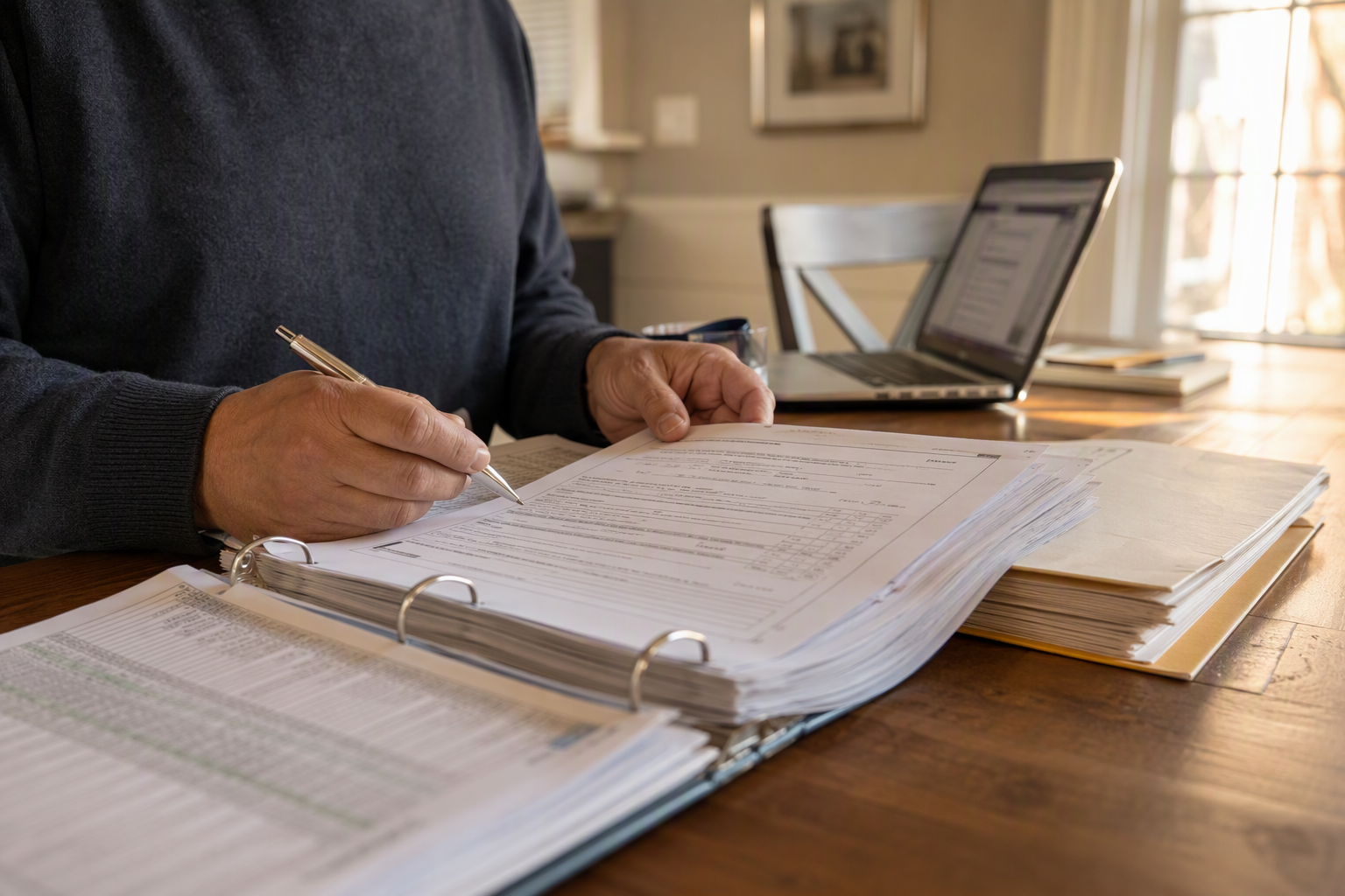 Residential Elevator Code Compliance Review Homeowner reviewing residential elevator repair inspection report and ASME A17.1 compliance documents at a home desk in Philadelphia or Richmond, Virginia.