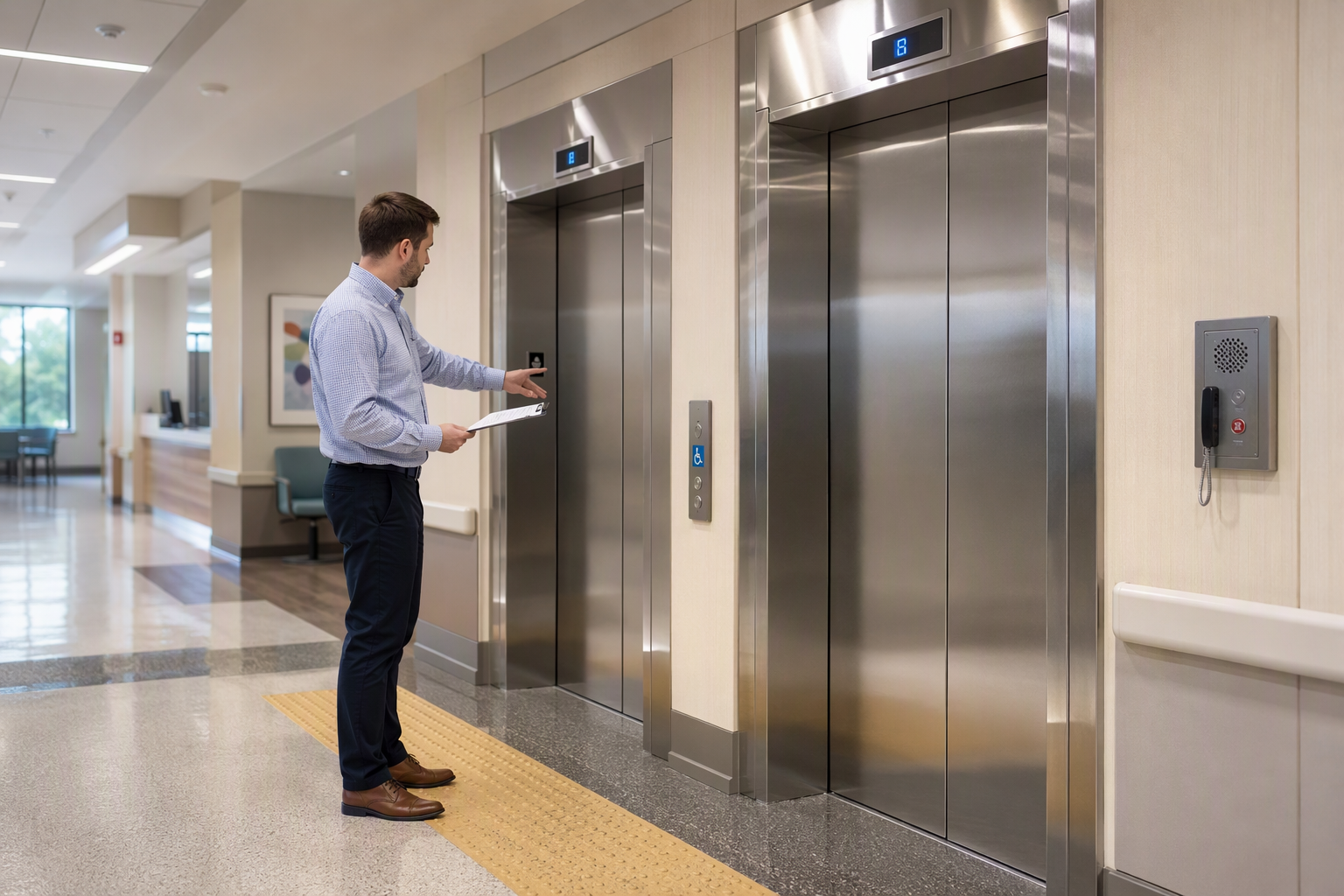 Healthcare Elevator Accessibility Consultation Elevator accessibility consultant reviewing ADA-compliant call panel and door sensors at a Baltimore-area hospital elevator bank during an accessibility consultation.
