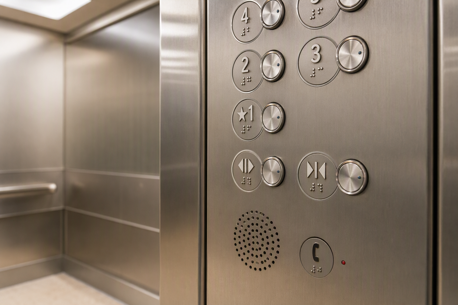 ADA Elevator Control Panel Detail ADA-compliant elevator control panel with Braille buttons, tactile floor indicators, and two-way emergency intercom inside a healthcare facility cab meeting ASME A17.1 standards.