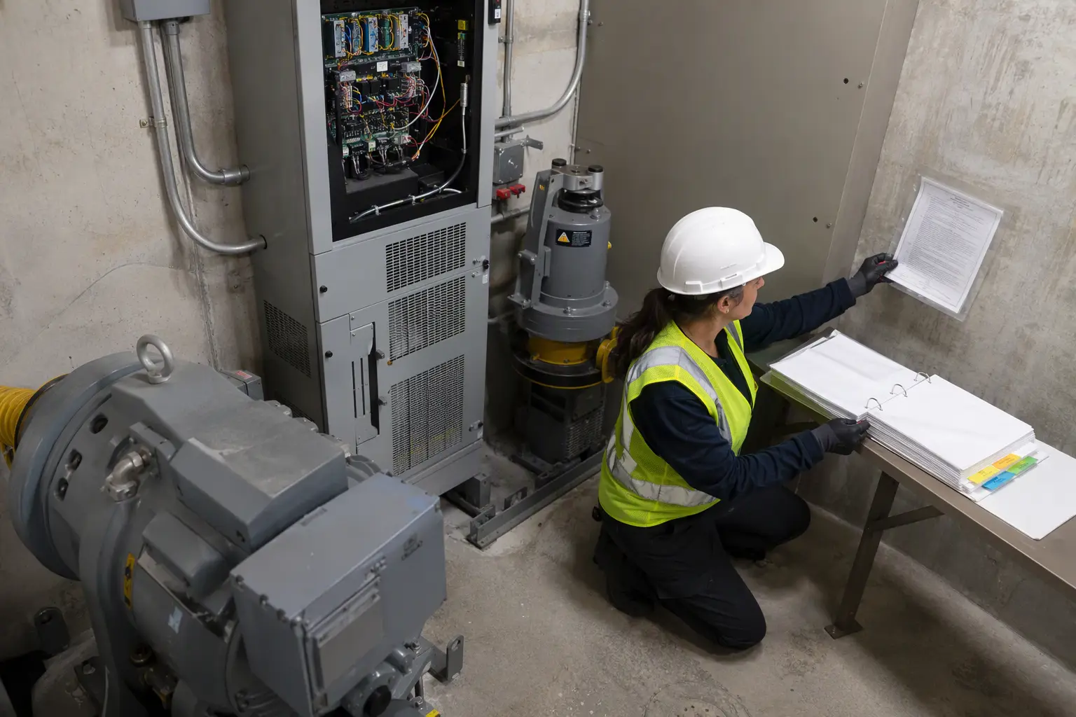 State Elevator Code Inspection Review QEI-certified elevator inspector reviewing state compliance certificate and ASME A17.1 code binder beside a traction elevator controller in a healthcare facility machine room.