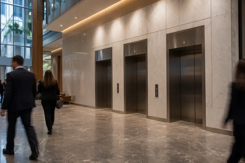 Bank of three modern stainless-steel elevator doors in a Washington DC commercial office building lobby, illustrating the services elevator companies provide to Mid-Atlantic building owners.