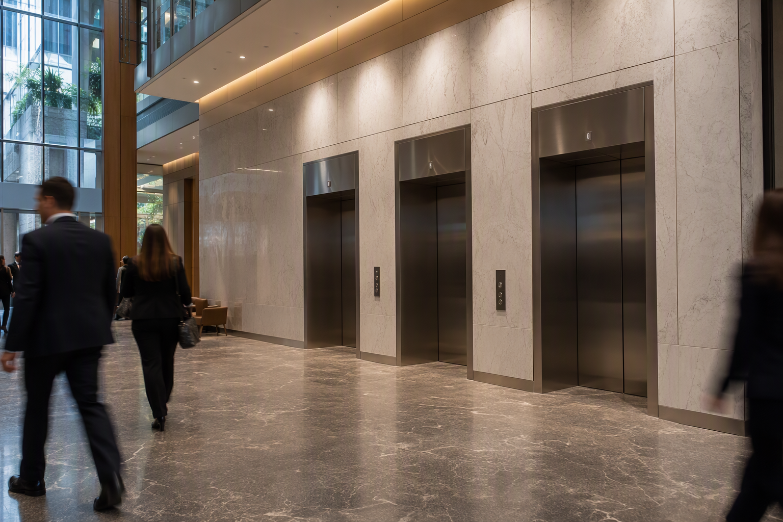 Bank of three modern stainless-steel elevator doors in a Washington DC commercial office building lobby, illustrating the services elevator companies provide to Mid-Atlantic building owners.