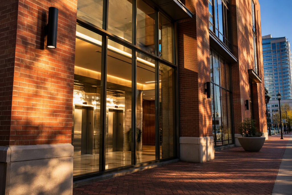 Commercial office building lobby in Baltimore MD with stainless-steel elevator doors, showing the type of property served by elevator companies in Maryland.
