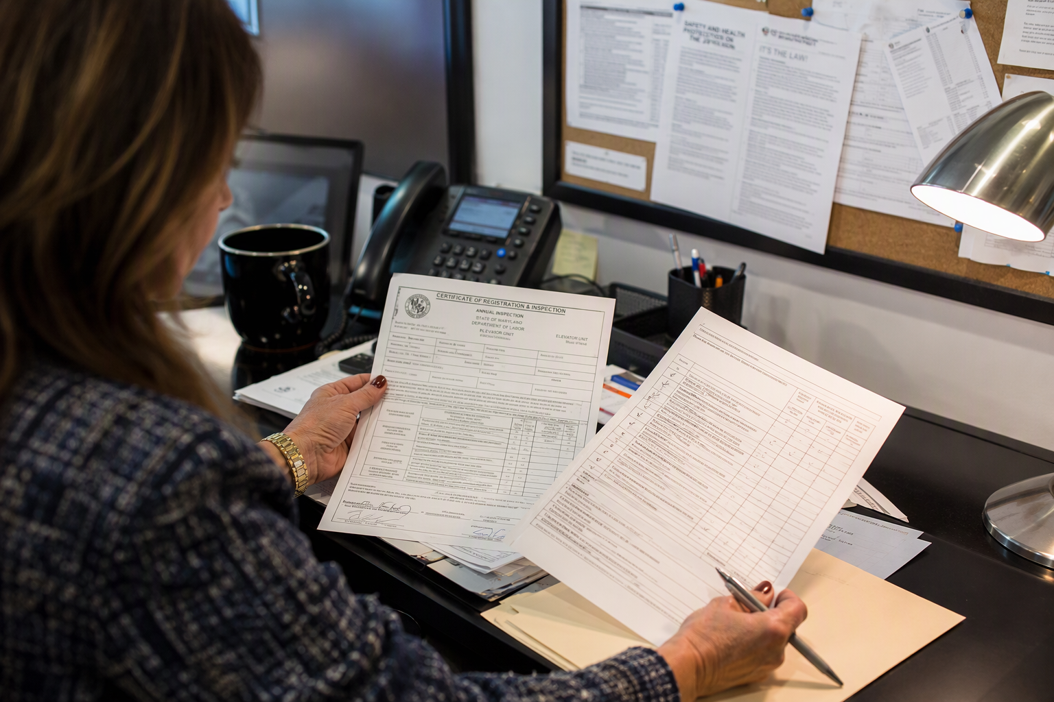 Maryland Elevator Inspection Certificate Review Building manager reviewing Maryland elevator inspection certificate and compliance paperwork, a key step for property owners working with elevator companies in Maryland.