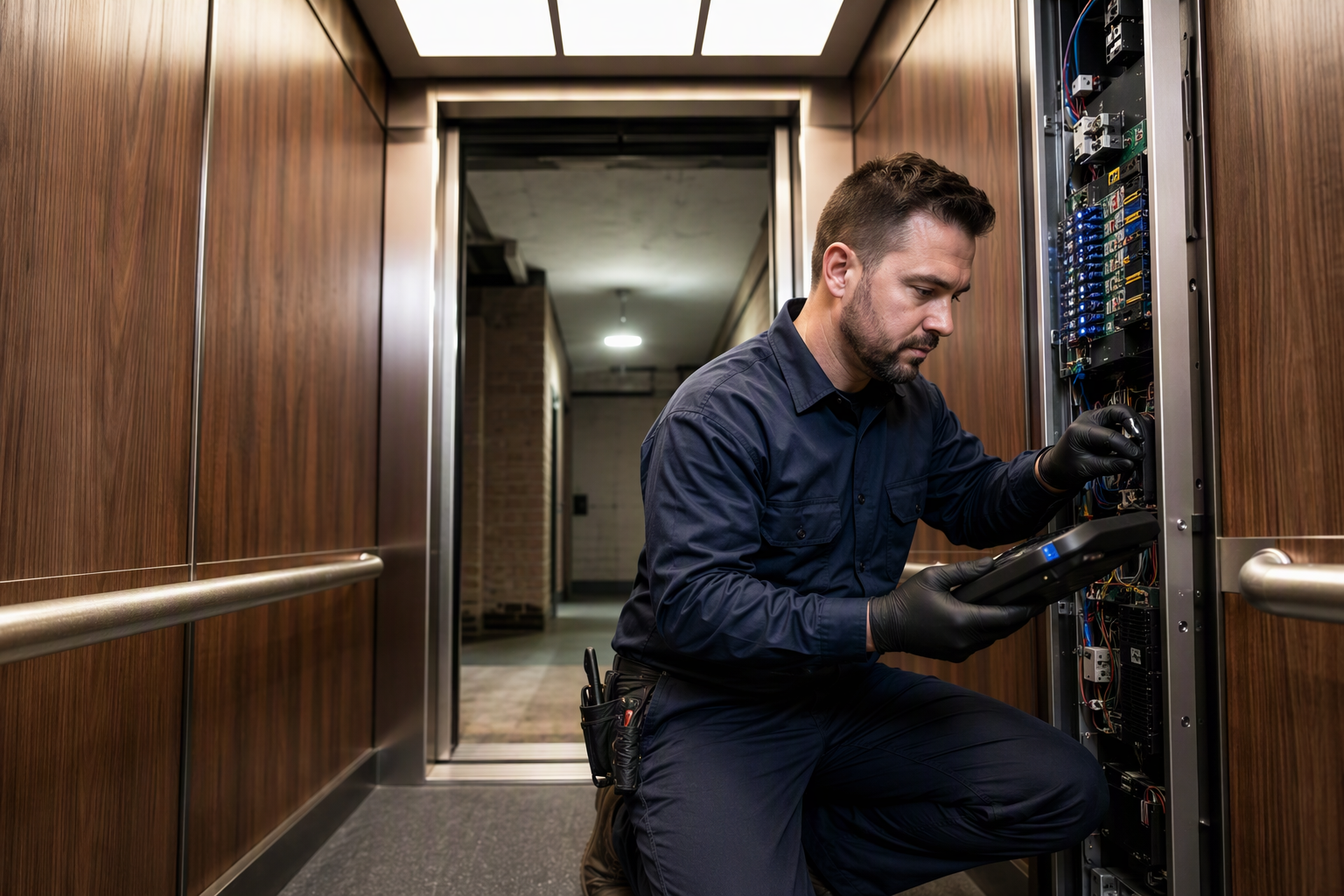 Elevator Modernization and Repair Service Licensed elevator mechanic servicing a modernized elevator cab interior with new controls and LED lighting, representing elevator repair and modernization services in Maryland.