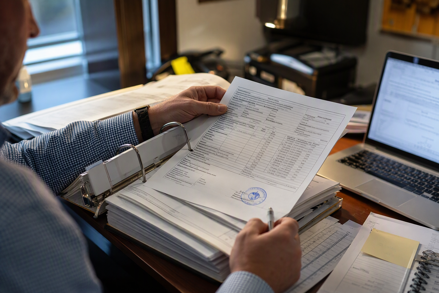 Baltimore building manager reviewing elevator inspection certificate and regulatory compliance documents, representing the licensing and code requirements elevator companies must meet in the Mid-Atlan