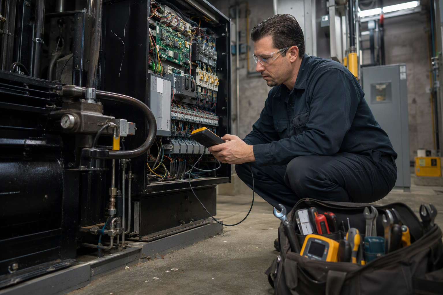 Elevator mechanic servicing a hydraulic power unit and controller inside a Philadelphia commercial building machine room, showing the technical maintenance work elevator companies perform.