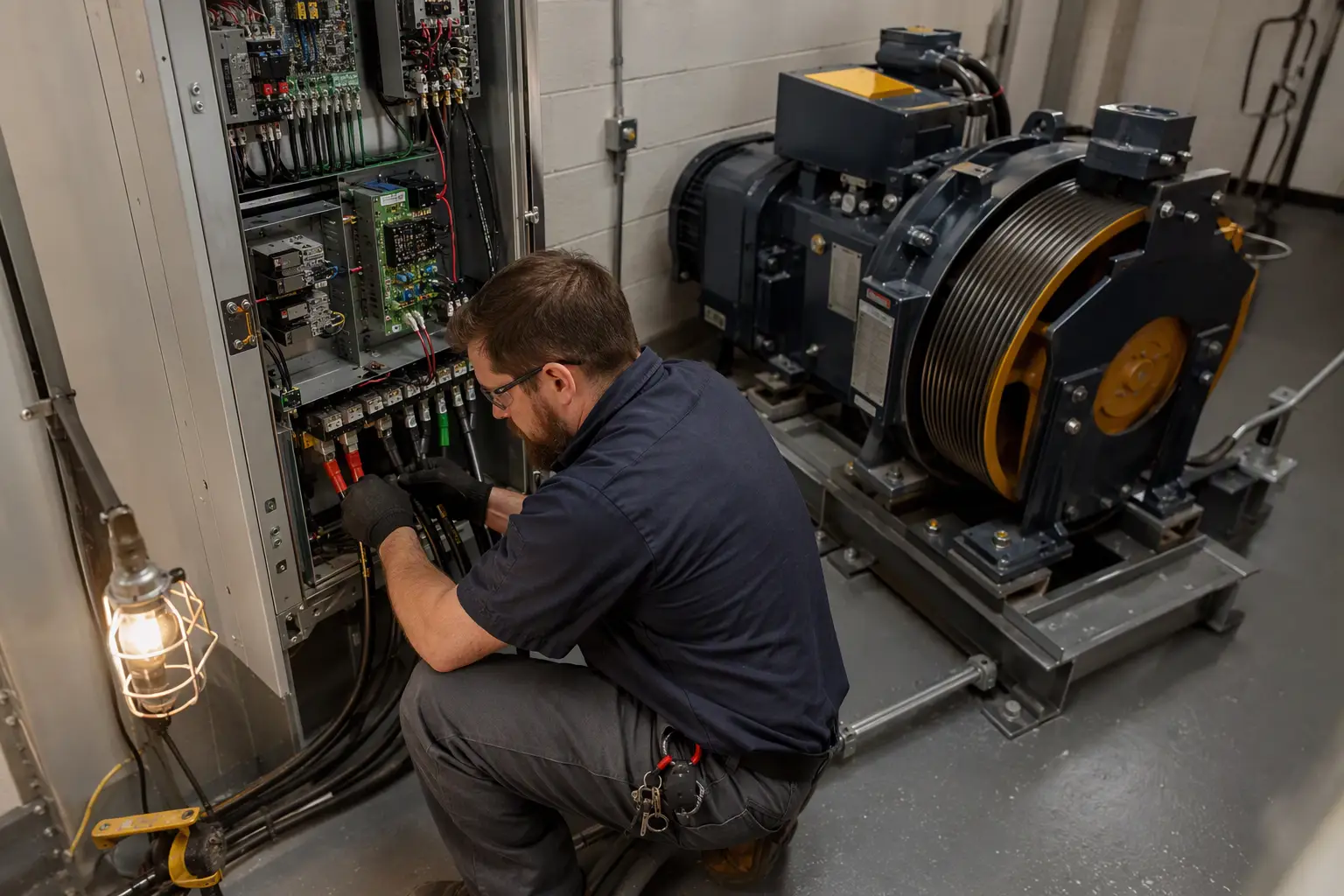 Elevator Machine Room Equipment Installation Elevator mechanic connecting drive cables to a traction machine controller during new elevator installation, showing machine room equipment required under ASME A17.1 code