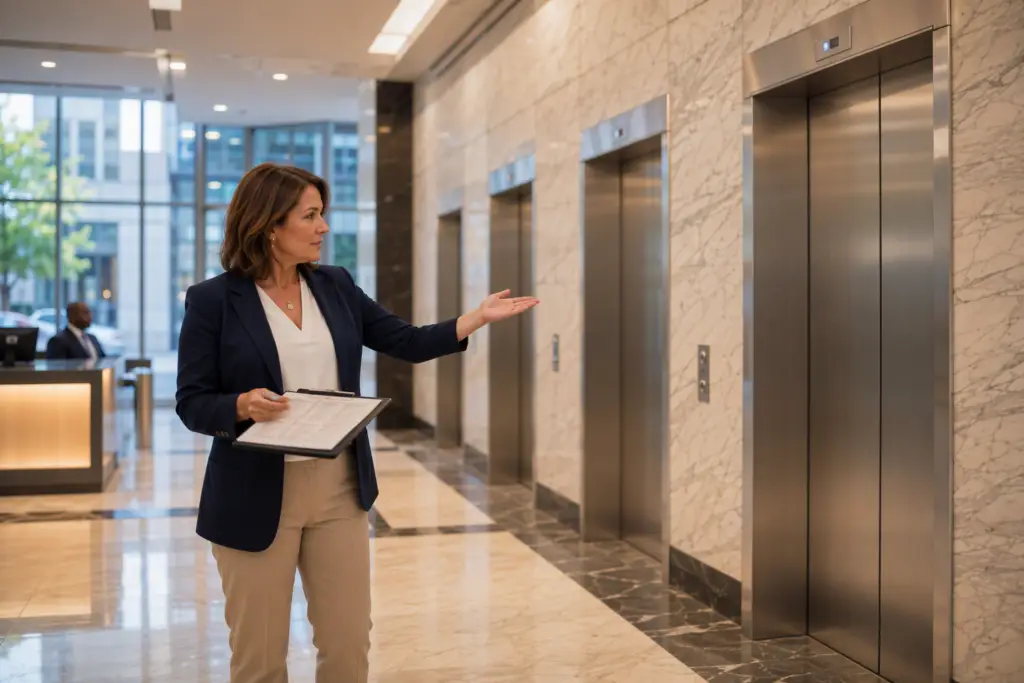 Elevator consultant reviewing a condition assessment clipboard in a Washington DC office building lobby in front of stainless-steel elevator doors