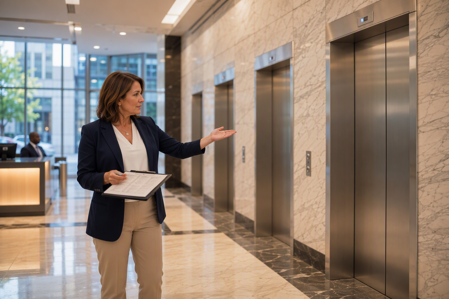 Elevator Consultation in a DC Office Lobby Elevator consultant reviewing a condition assessment clipboard in a Washington DC office building lobby in front of stainless-steel elevator doors
