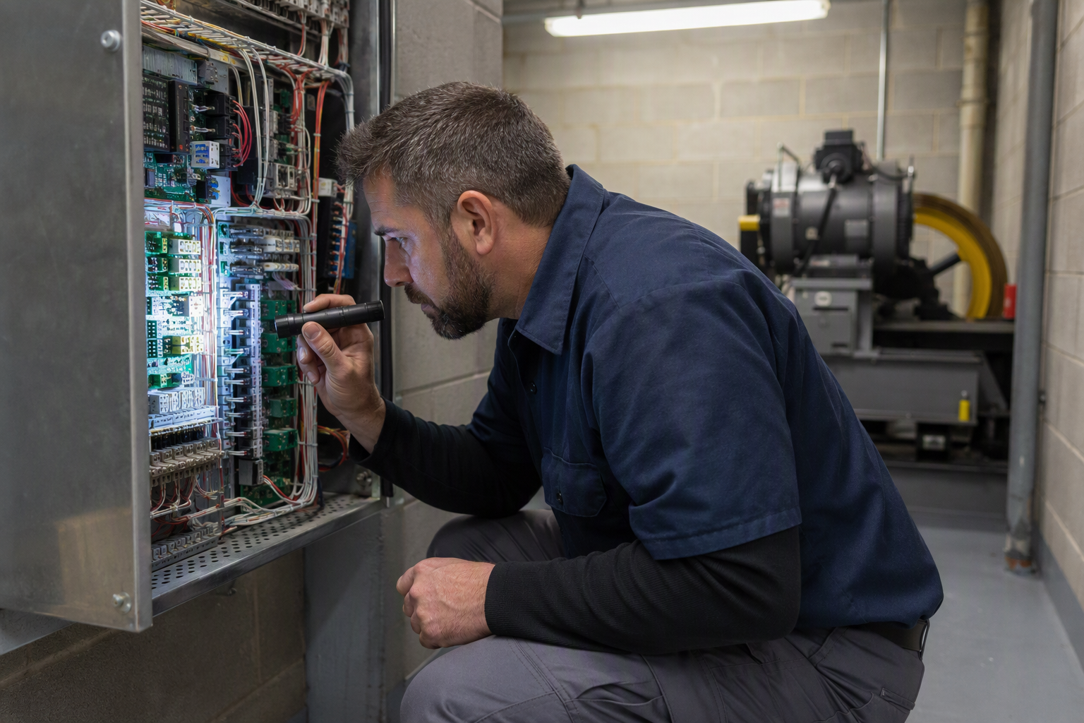 Machine-Room Controller Inspection Elevator mechanic inspecting controller wiring and relay boards inside a Baltimore commercial building machine room during an elevator consultation