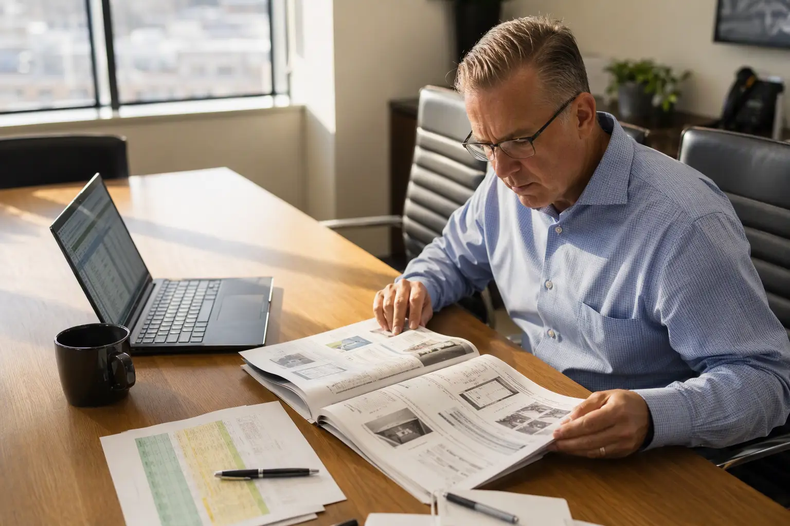 Reviewing Elevator Consultation Findings Philadelphia building facilities manager reviewing a printed elevator consultation report and cost comparison spreadsheet at an office conference table
