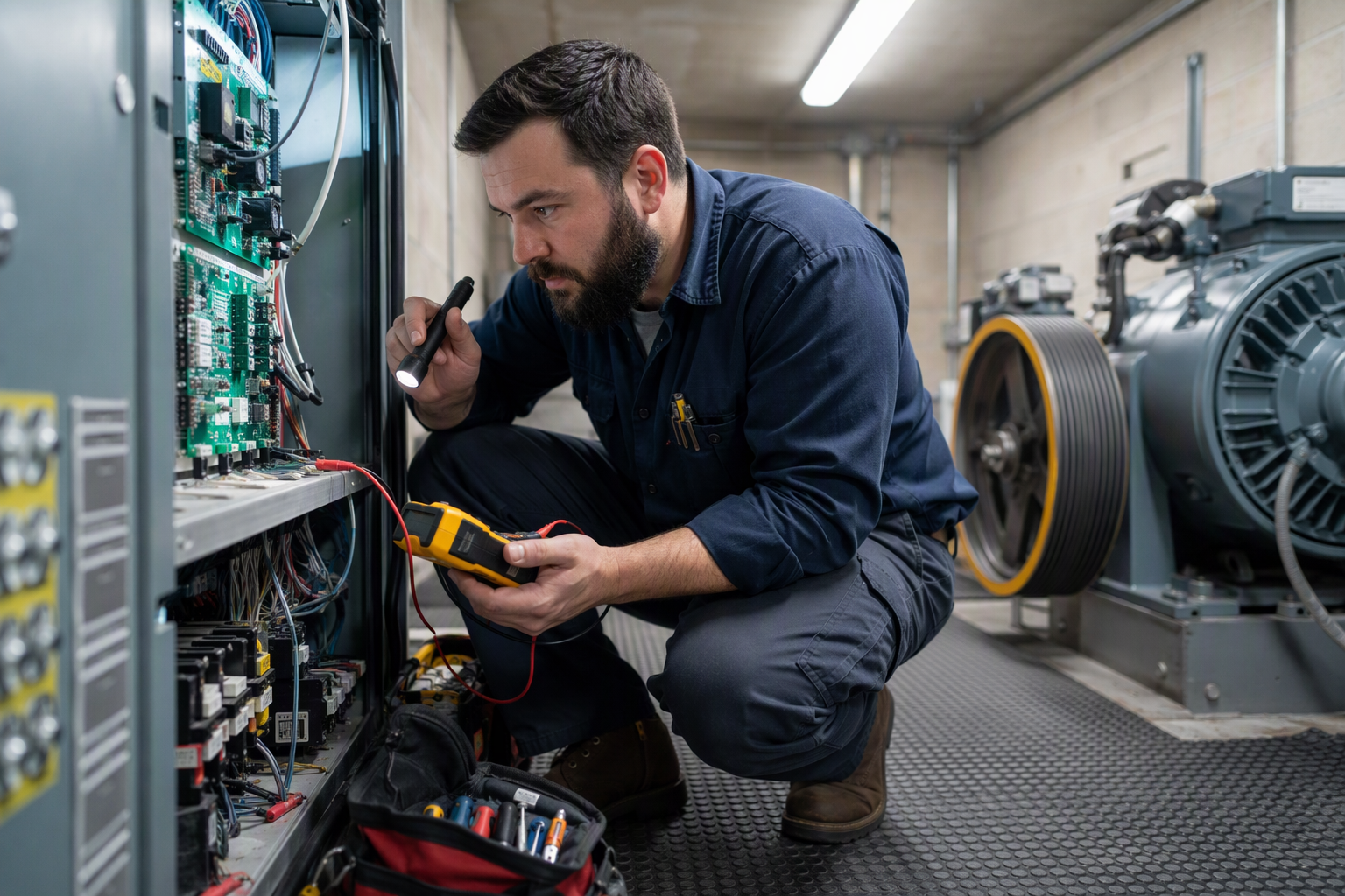 Elevator Mechanic — Baltimore Machine Room Service Maryland-licensed elevator mechanic inspecting a controller cabinet in a Baltimore commercial building machine room during a maintenance service call