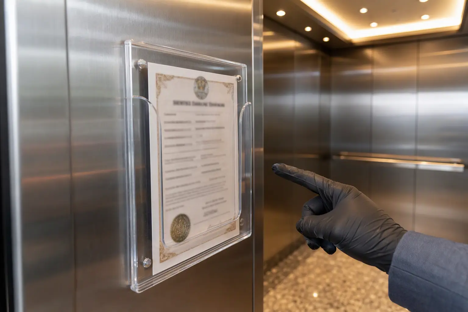 Maryland Elevator Certificate — Cab Compliance Detail Maryland elevator operating certificate posted inside a compliant Baltimore commercial elevator cab as required by state inspection and registration law