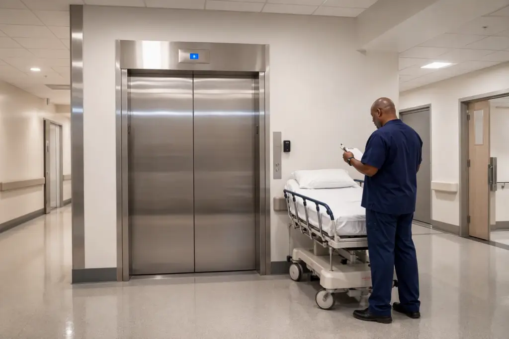 Hospital elevator lobby in a Baltimore or Washington DC medical center, with a facilities staff member reviewing documentation after an elevator event, gurney parked nearby.