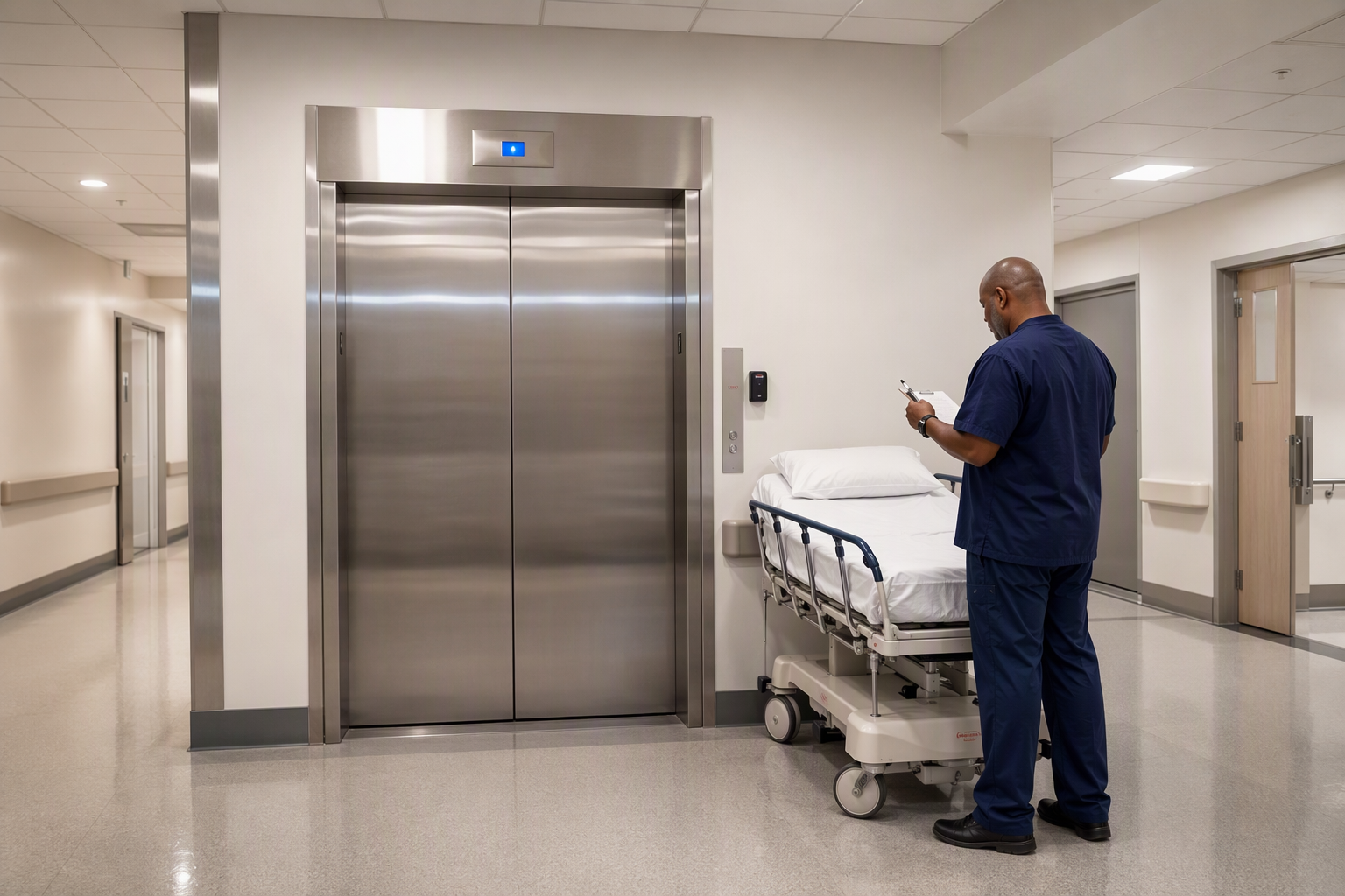 Healthcare Elevator Event Response Hospital elevator lobby in a Baltimore or Washington DC medical center, with a facilities staff member reviewing documentation after an elevator event, gurney parked nearby.