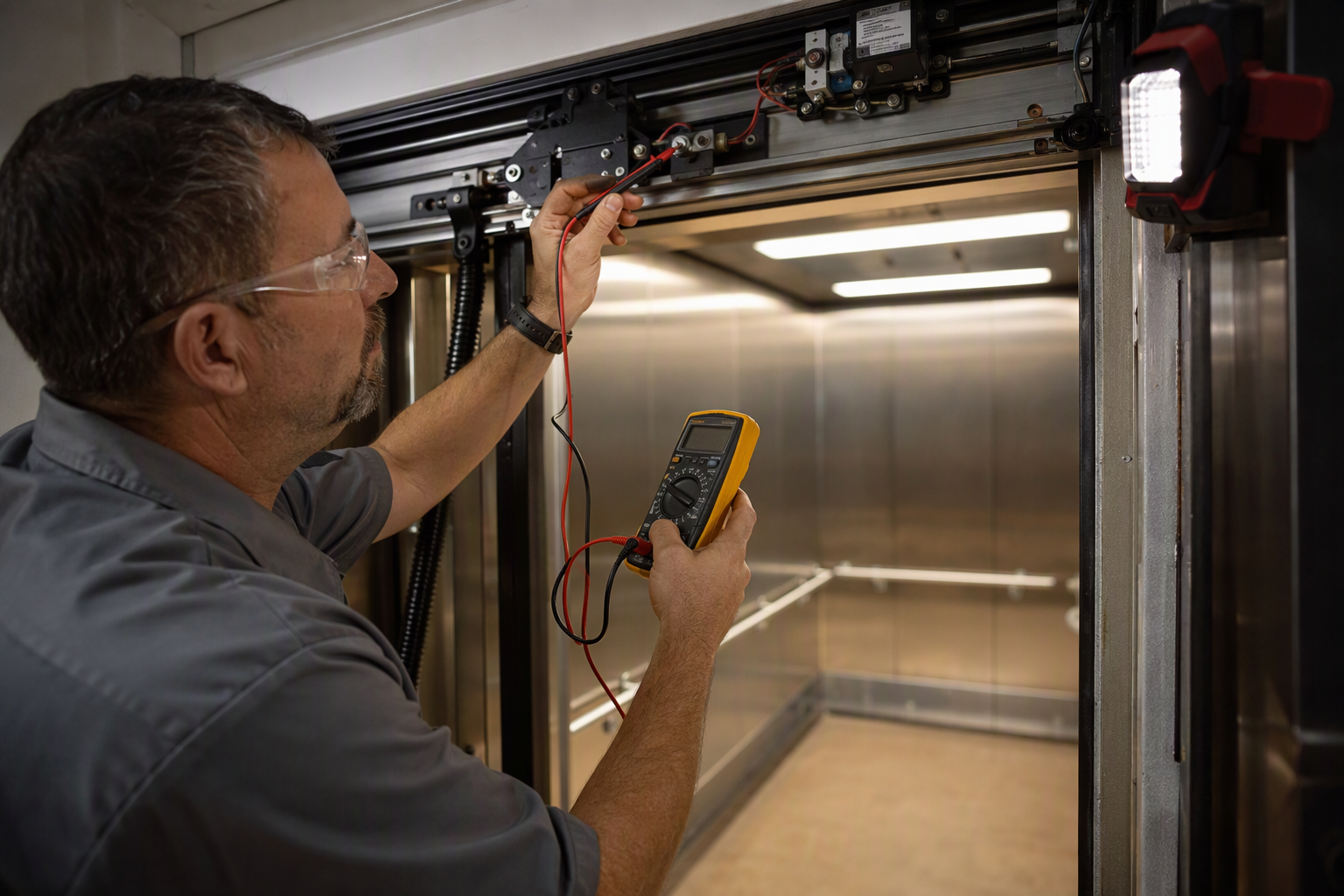 Door Failure Diagnosis in Hospital Elevator Elevator technician testing a hospital elevator door operator circuit with a multimeter after a door-failure elevator event, inside a stainless-steel stretcher cab.