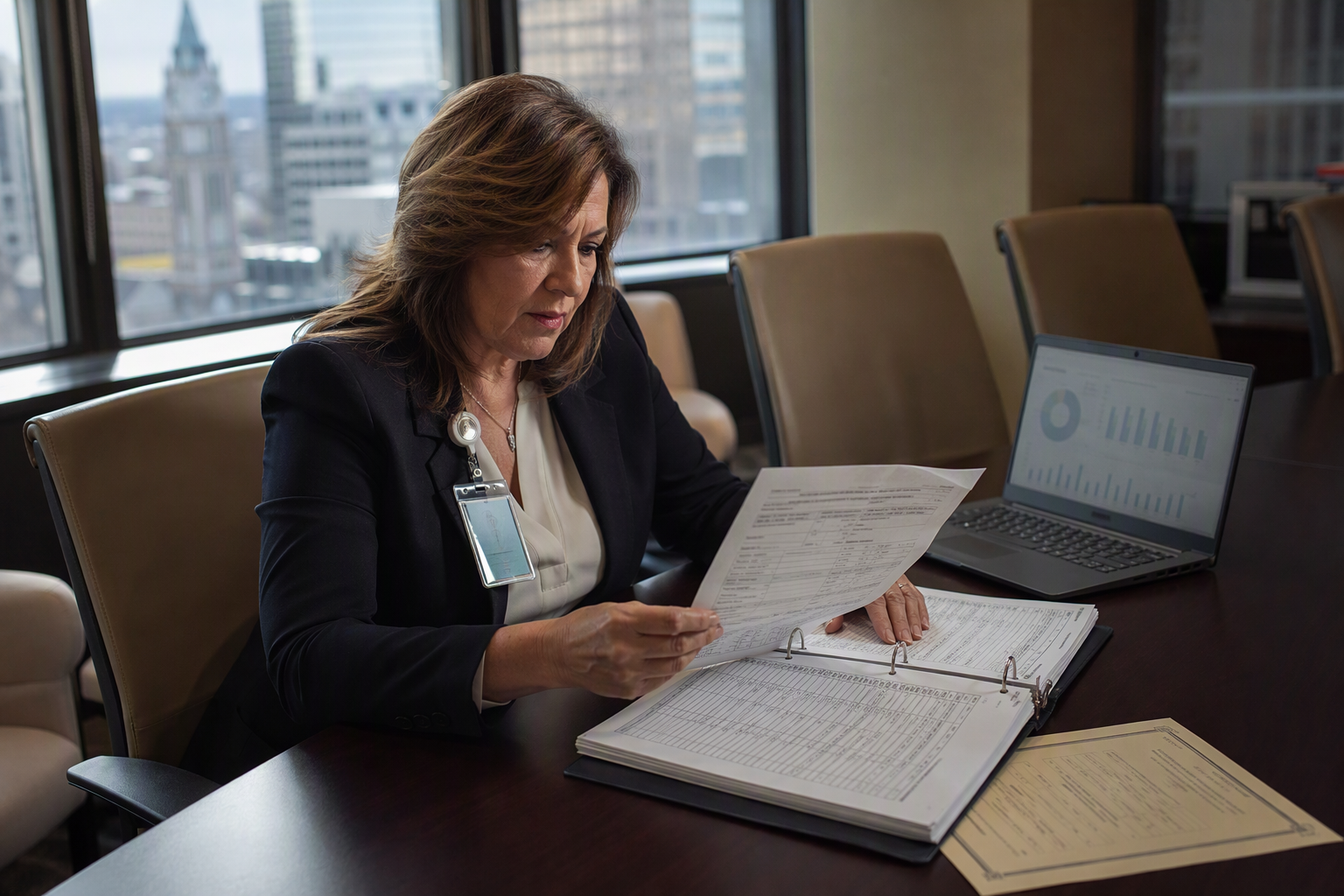 Elevator Event Compliance Documentation Review Healthcare facilities director reviewing elevator event incident reports and compliance documentation at a conference table in a mid-Atlantic medical office building.