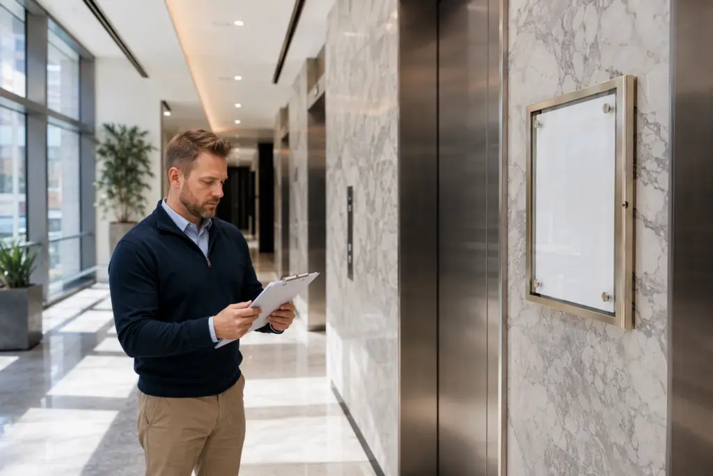 Building manager reviews elevator inspection certificate posted in a Washington DC office building lobby between two brushed-stainless elevator doors
