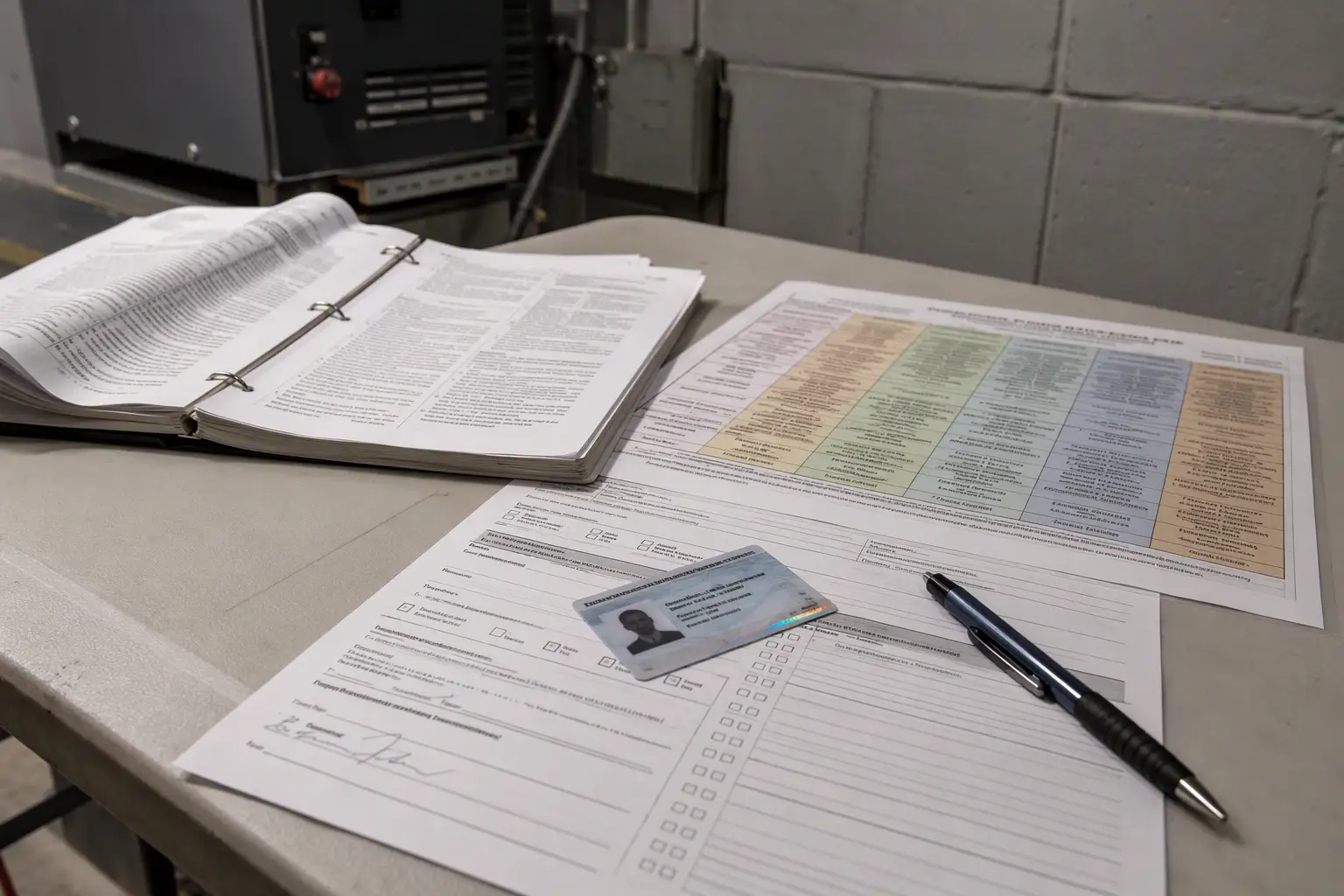 Elevator Inspection Code Documentation in Machine Room ASME A17.1 code book and elevator inspection report forms spread on a machine-room worktable during a compliance review in Baltimore MD