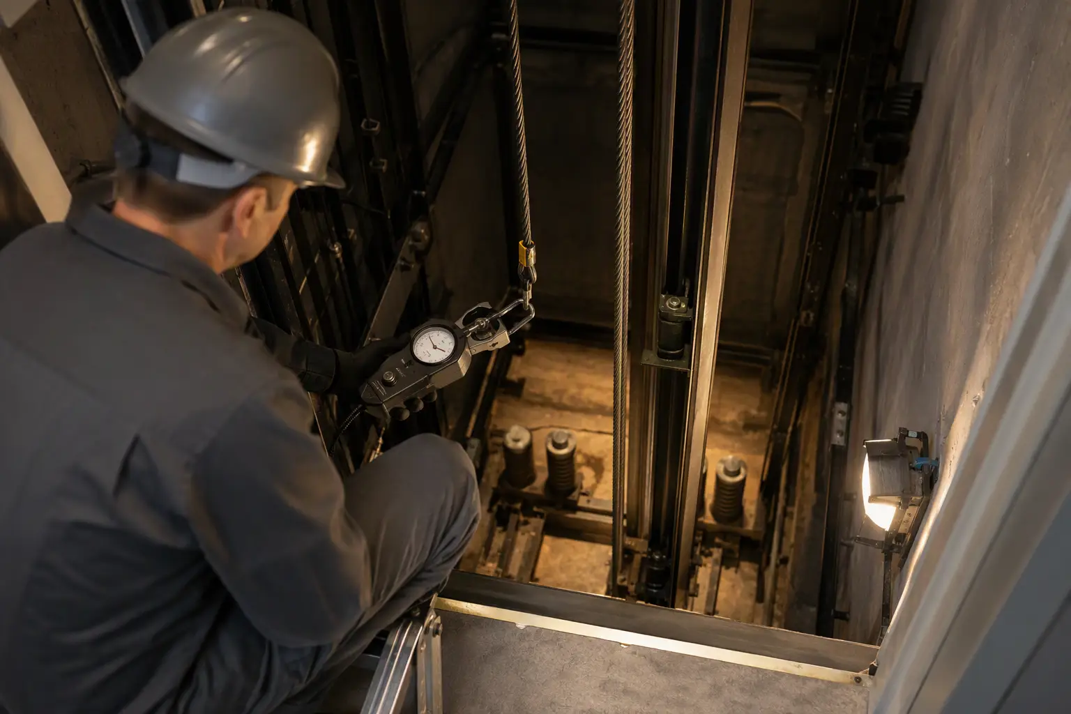 Five-Year Comprehensive Elevator Pit Inspection Philadelphia Licensed elevator mechanic performing a five-year Category 5 comprehensive pit inspection and governor rope tension test in a Philadelphia commercial building