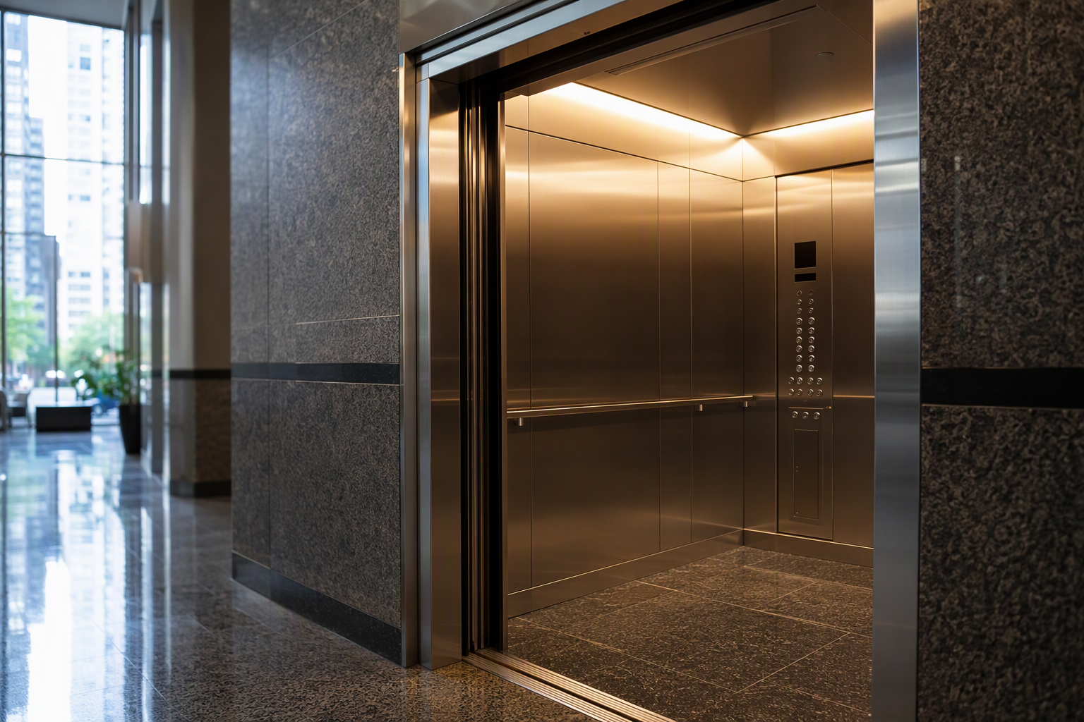 Modernized Elevator Cab Interior Modernized commercial elevator cab interior with LED lighting, stainless steel panels, and updated control fixtures in a Washington DC office building
