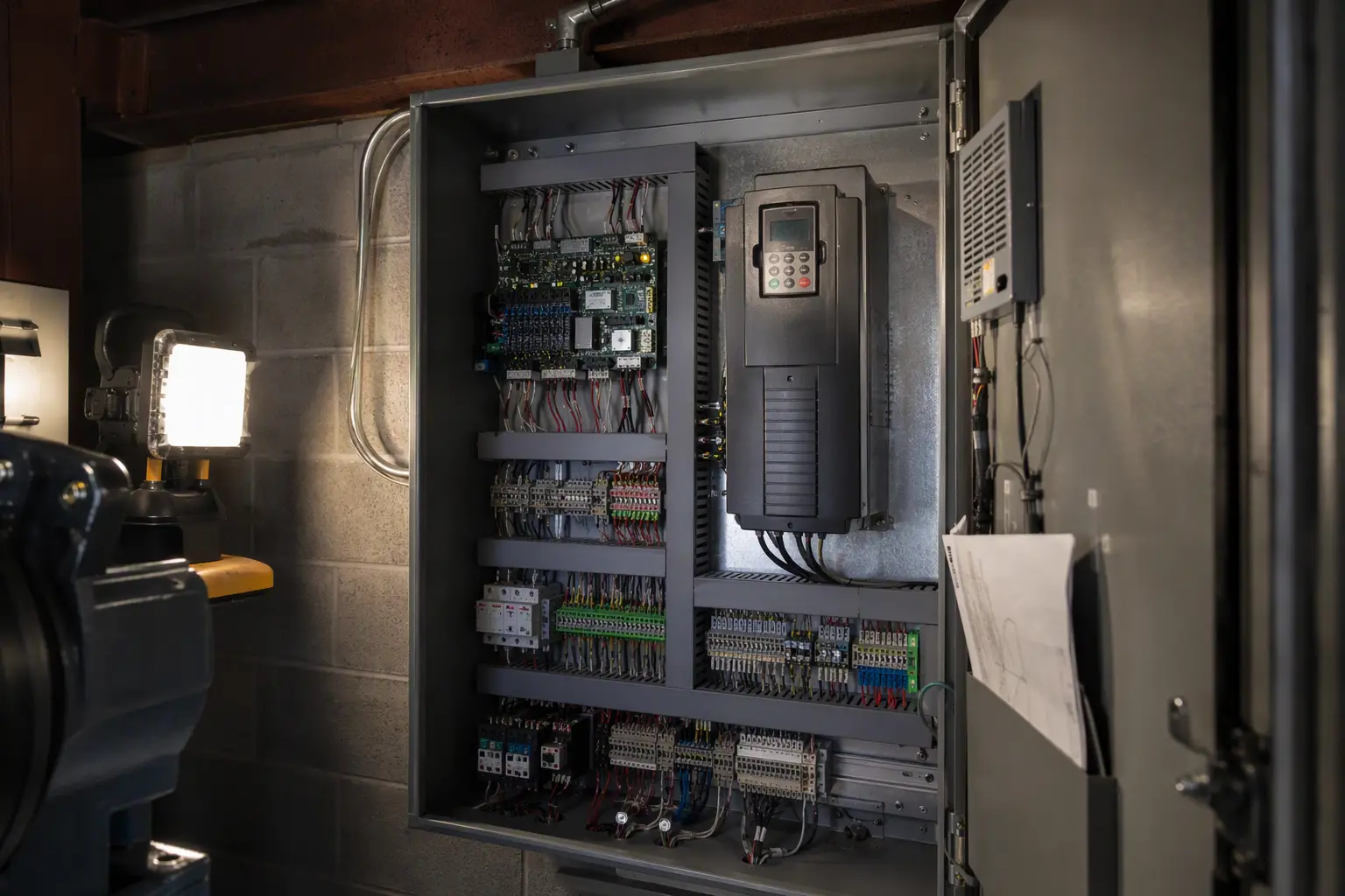 Elevator Controller Modernization Newly installed microprocessor elevator controller with variable-frequency drive in a Baltimore commercial building machine room during modernization
