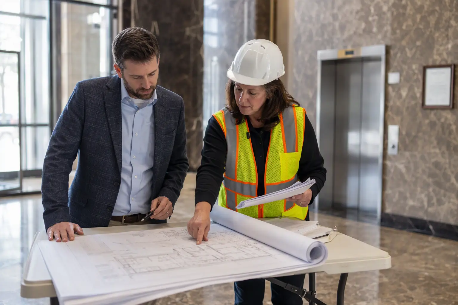 Elevator Modernization Code Compliance Review Building manager and elevator inspector reviewing modernization permit drawings and compliance documentation in a Philadelphia office building lobby