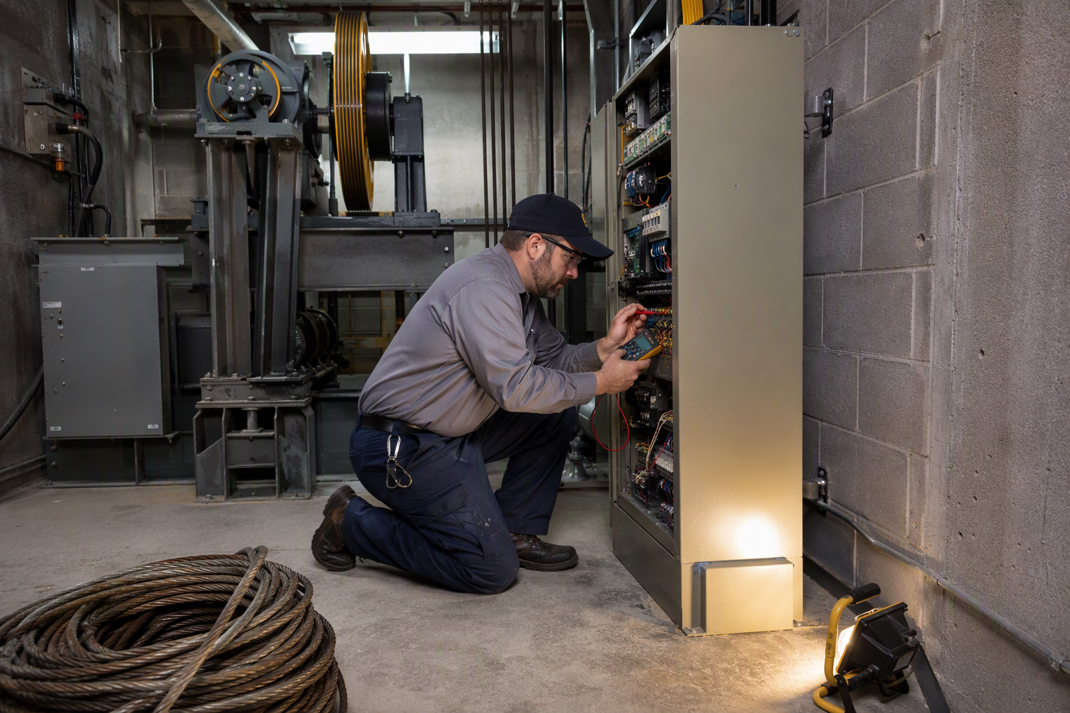 Licensed elevator mechanic diagnosing a traction elevator controller during an elevator repair service call in a Baltimore commercial building machine room.