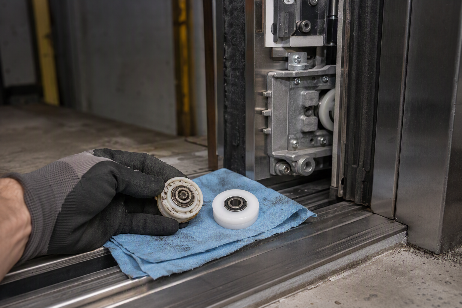 Worn elevator door roller compared to a new replacement part during an elevator door repair service call at a Philadelphia residential building.