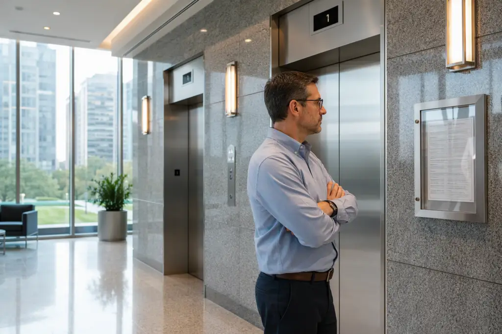 Facility manager reviewing elevator safety inspection certificate in a Washington DC commercial office building lobby beside stainless-steel elevator doors