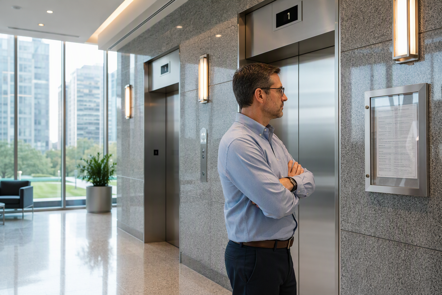 Facility manager reviewing elevator safety inspection certificate in a Washington DC commercial office building lobby beside stainless-steel elevator doors