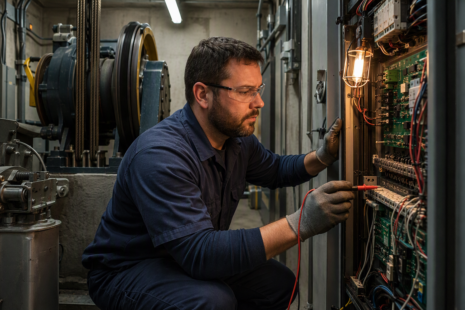 Licensed elevator mechanic testing controller circuitry with a multimeter inside a Baltimore machine room during a preventive maintenance inspection