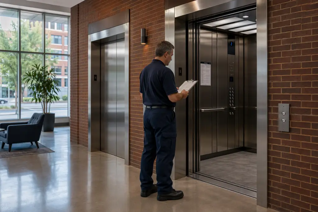 Licensed elevator service technician reviewing compliance checklist beside stainless-steel elevator doors in a Baltimore, MD commercial office building lobby.