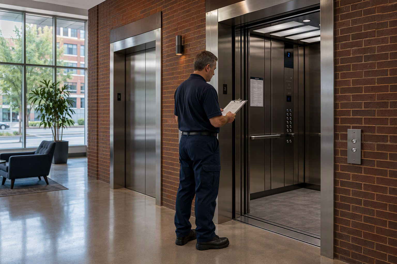 Baltimore Elevator Service — Lobby Compliance Check Licensed elevator service technician reviewing compliance checklist beside stainless-steel elevator doors in a Baltimore, MD commercial office building lobby.