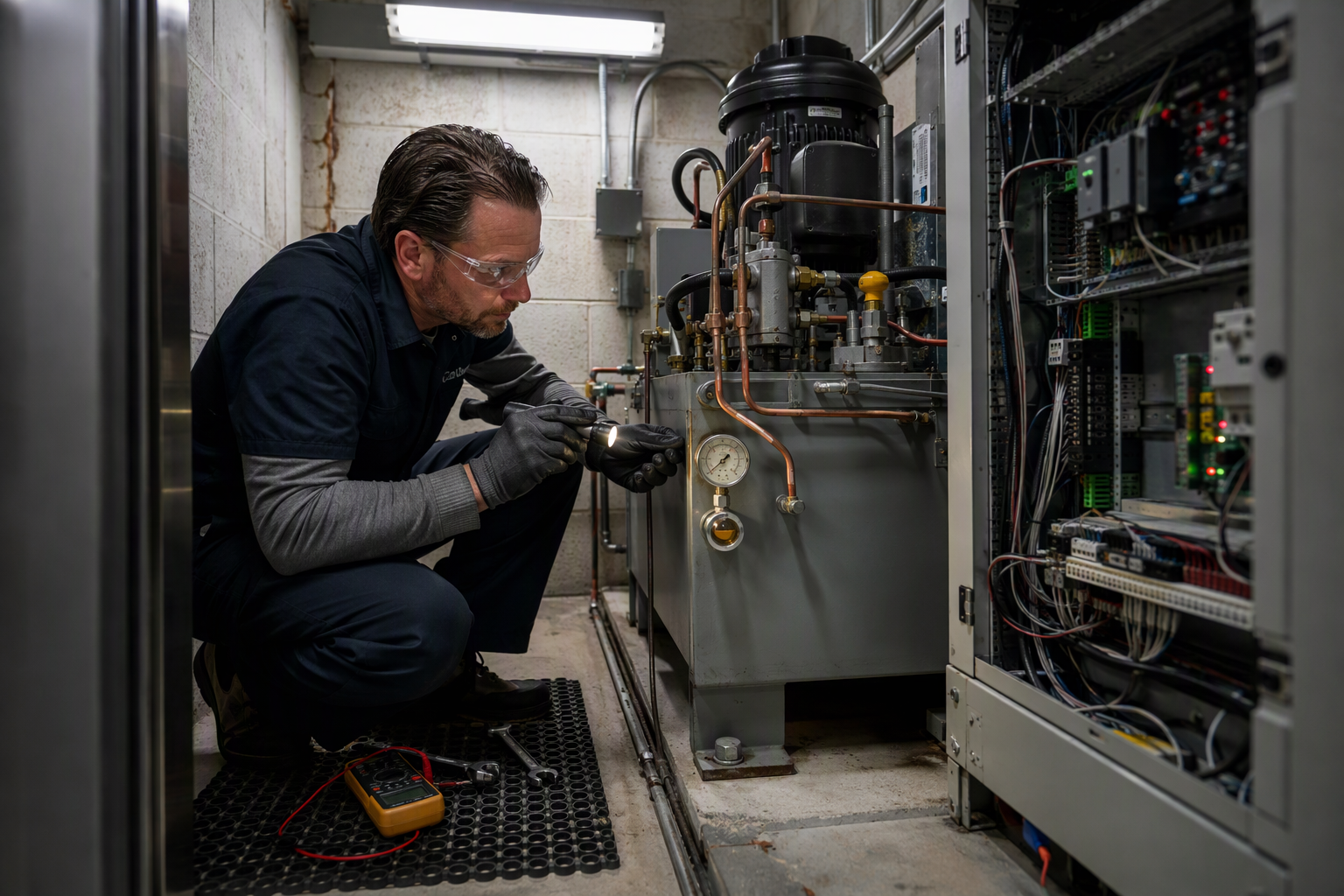 Machine-Room Hydraulic System Inspection Elevator mechanic inspecting hydraulic power unit and controller panel inside a Baltimore machine room during a preventive elevator service maintenance visit.