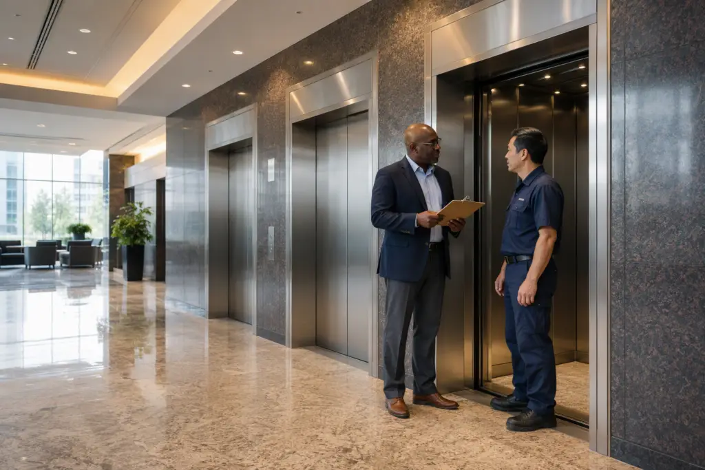 Facilities manager and elevator technician reviewing elevator transportation services options at a Washington DC office building lobby elevator bank