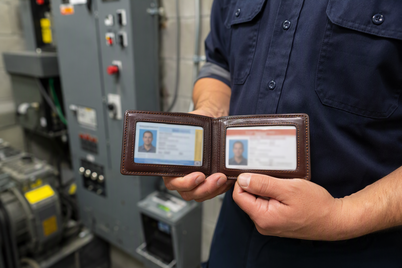 Elevator Mechanic Licensing and Certification Elevator mechanic holding state licensing and certification credentials in a commercial machine room, illustrating the licensing questions to ask an elevator service company