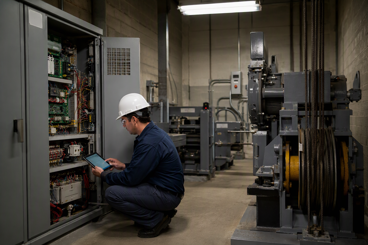 Elevator Inspection Documentation in the Machine Room Elevator technician logging inspection data on a tablet inside a machine room, representing documented maintenance and compliance questions for an elevator service contract