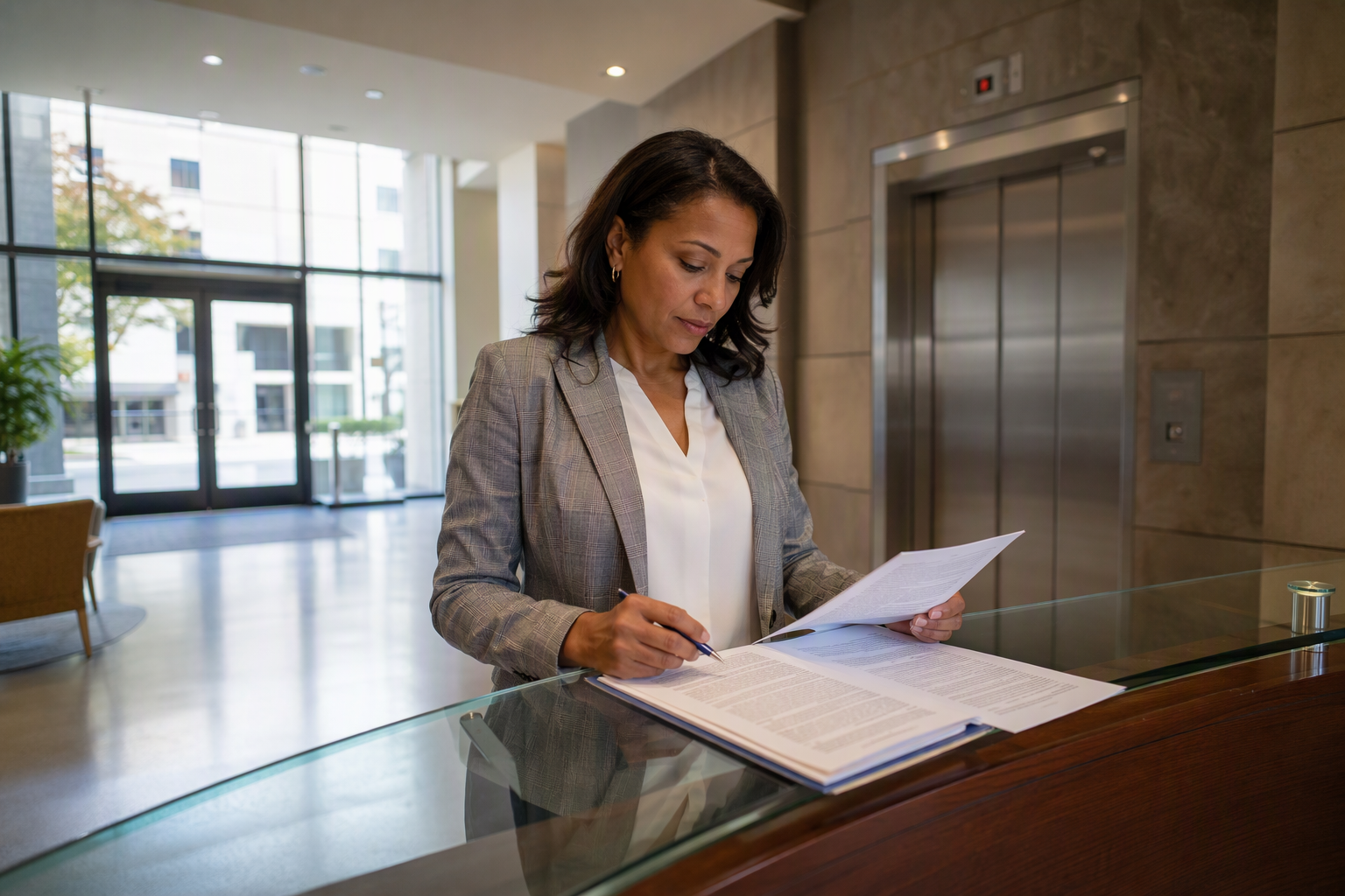 Reviewing an Elevator Maintenance Contract Building manager reviewing an elevator maintenance contract at a lobby desk, with stainless-steel elevator doors visible in a Mid-Atlantic commercial office building