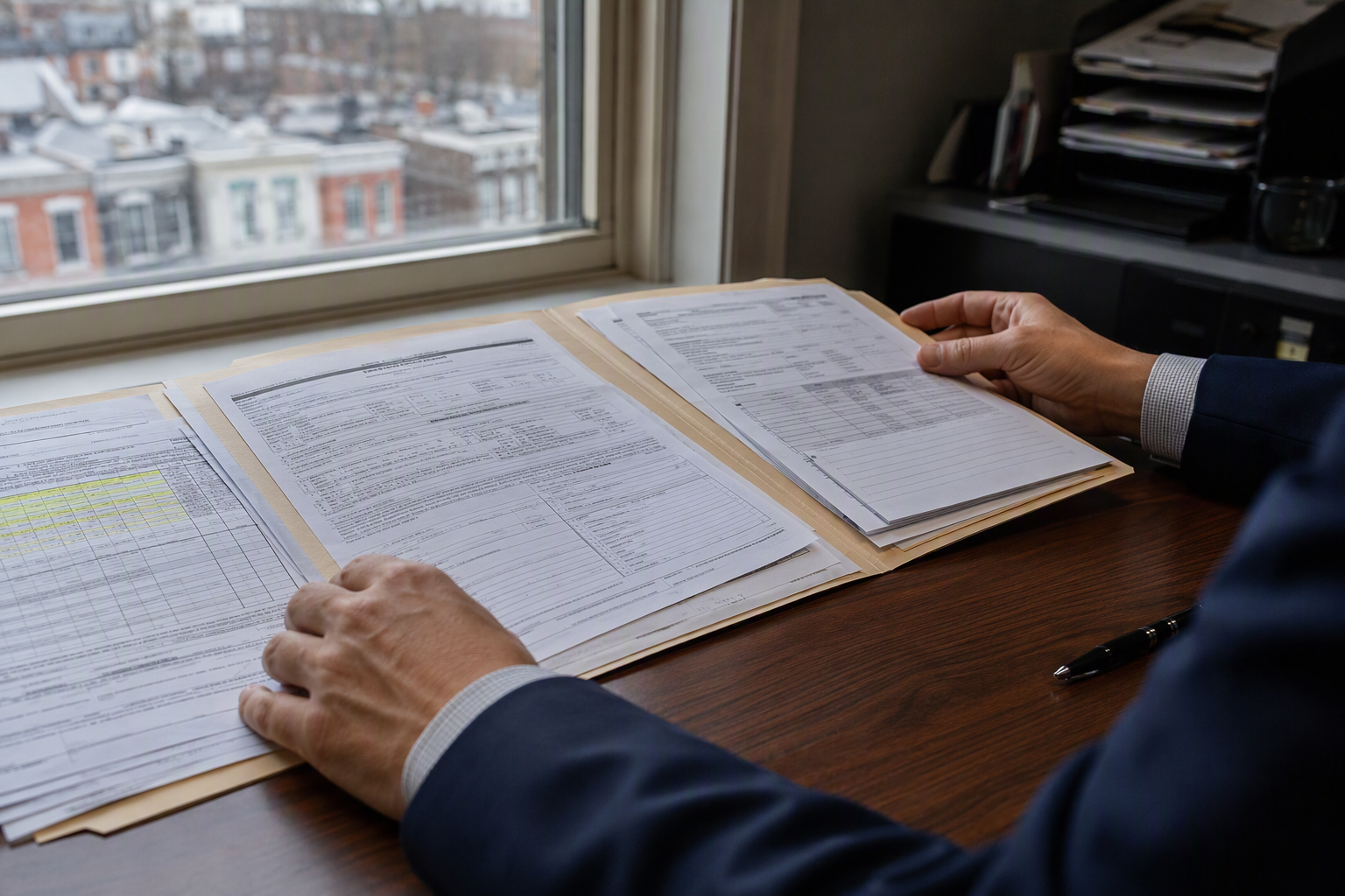 Reviewing Elevator Inspection Records On-Site Building manager in a Baltimore property management office reviewing elevator inspection records and maintenance logs required to be kept on-site under Maryland law.