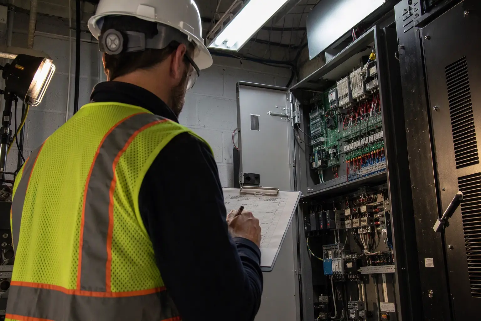 Inspector Checking Elevator Controller Records in Machine Room Elevator inspector reviewing controller documentation in a Philadelphia commercial building machine room during a required periodic inspection under Pennsylvania Department of Labor and Industry rules