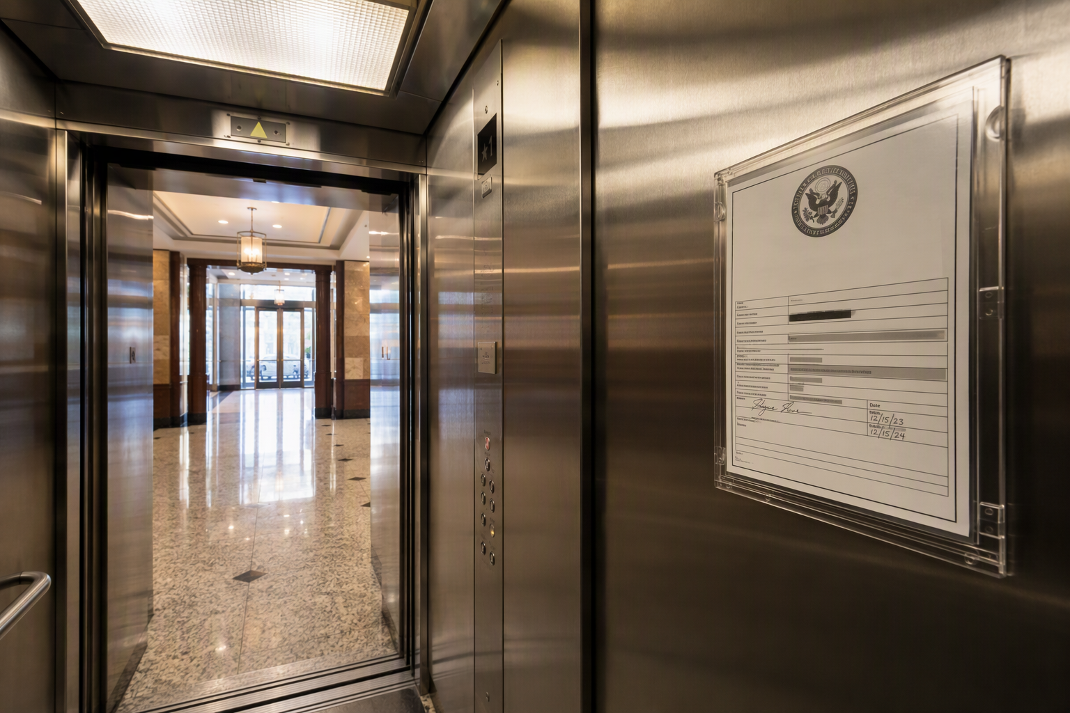 Elevator Certificate of Inspection Posted in Cab Elevator certificate of inspection posted inside a Washington DC commercial building elevator cab, showing the required conspicuous placement for compliance.